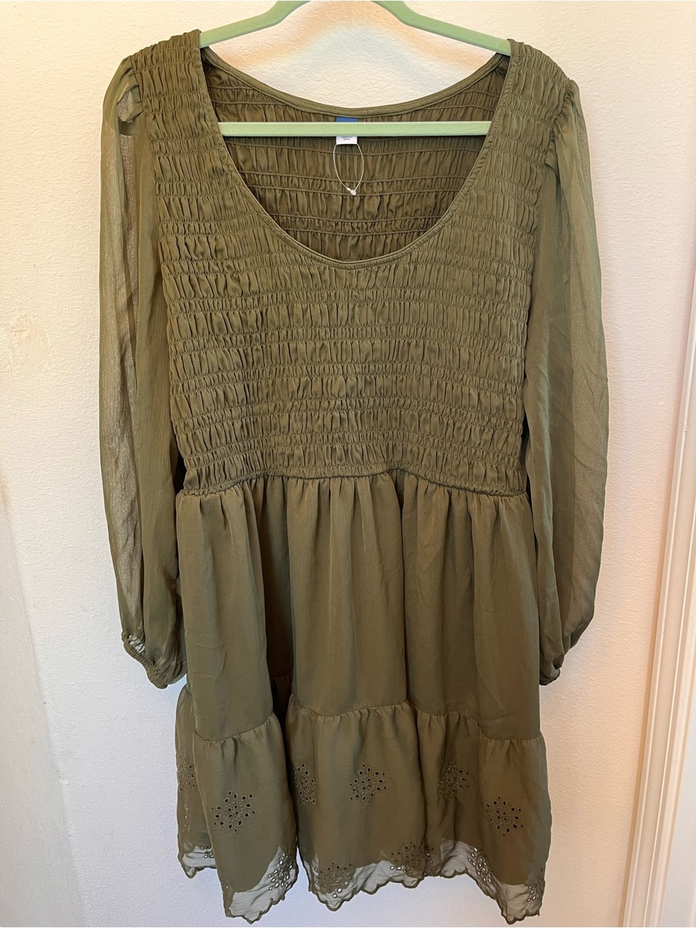 Old Navy Olive Green Smocked Long Sleeve Dress